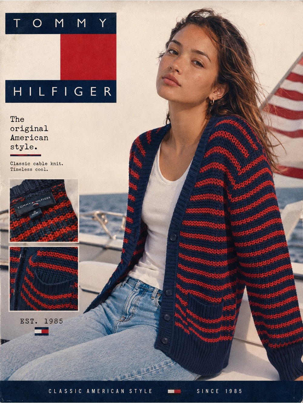 Tommy Hilfiger Navy and Coral Striped Open Cotton Fisherman Knit 🧶 Cardigan